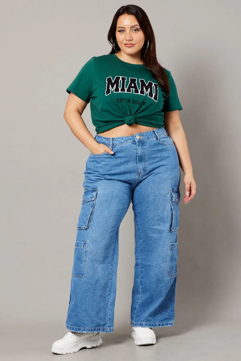 Green Graphic T-shirt Short Sleeve Crew Neck City Look
