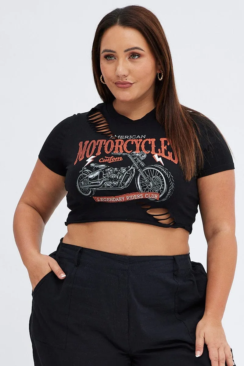 School Uniform Effortless Style Black Crop T-shirt Moto Distressed