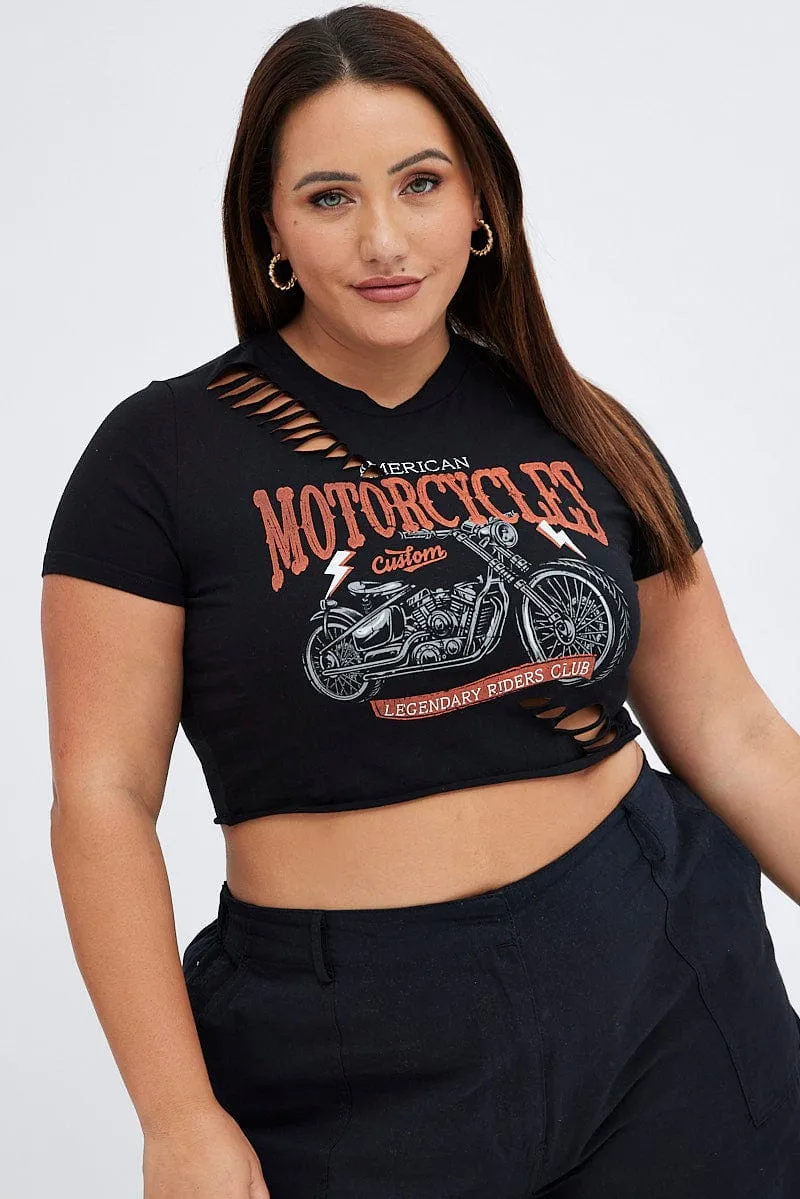 Comfy Layering Casual Choice Wear Black Crop T-shirt Moto Distressed