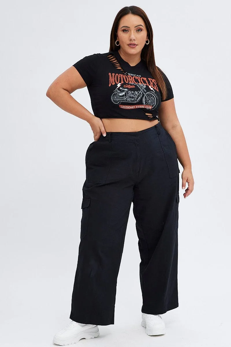 Comfy Fit Layer Black Crop T-shirt Moto Distressed