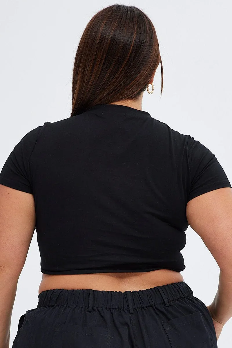 Black Crop T-shirt Moto Distressed Seam Free Edging Comfortable Touch