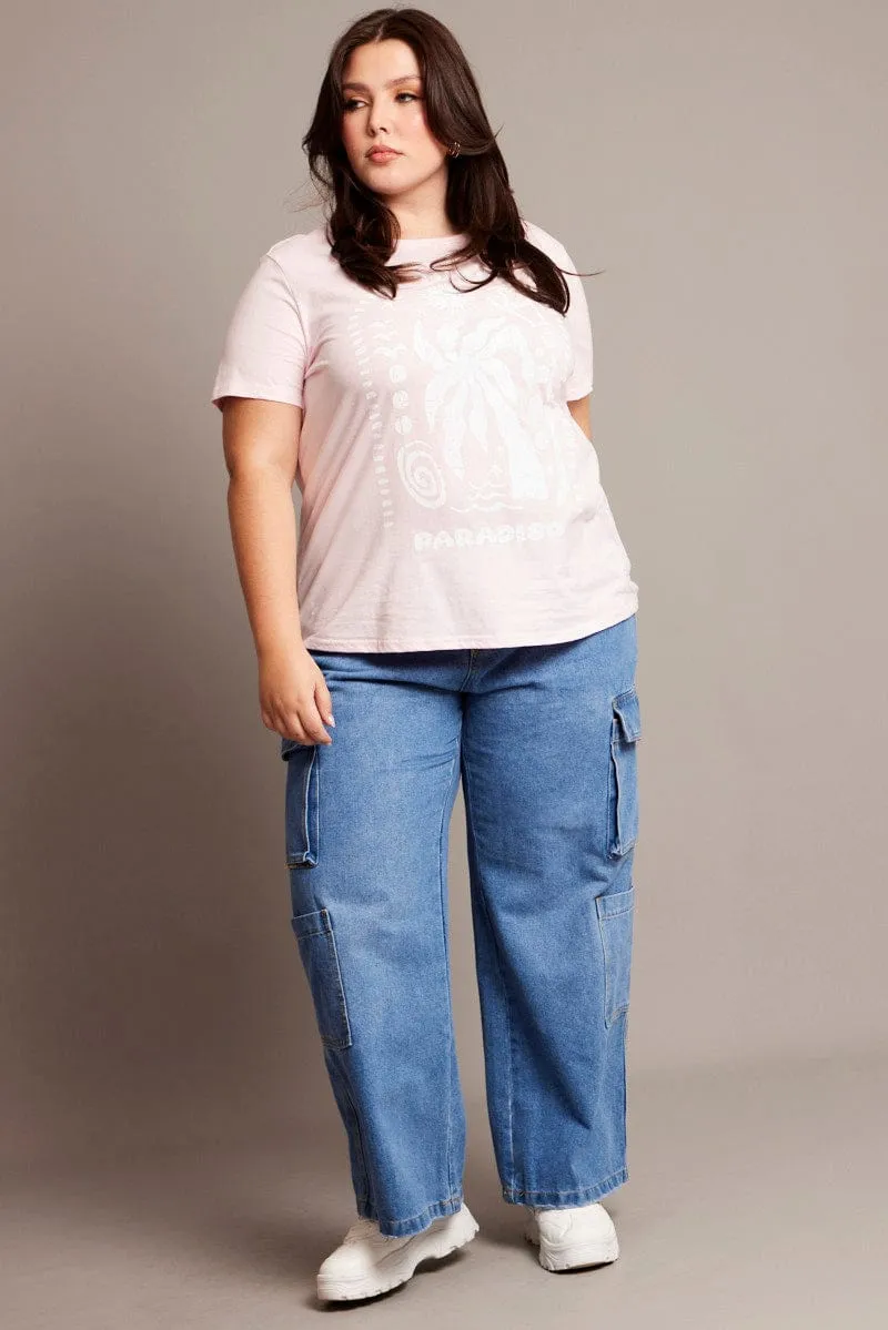 Rayon blend Linen blend Pink Graphic T-shirt Short Sleeve Crew Neck
