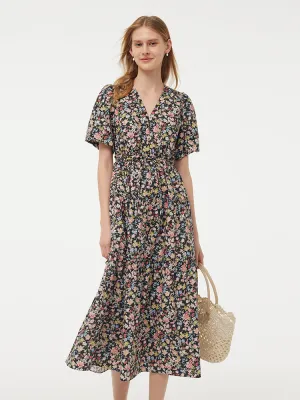Cotton Puff Sleeve Drawstring Waist Floral Print Women Midi Dress Beach Path Smart Appearance
