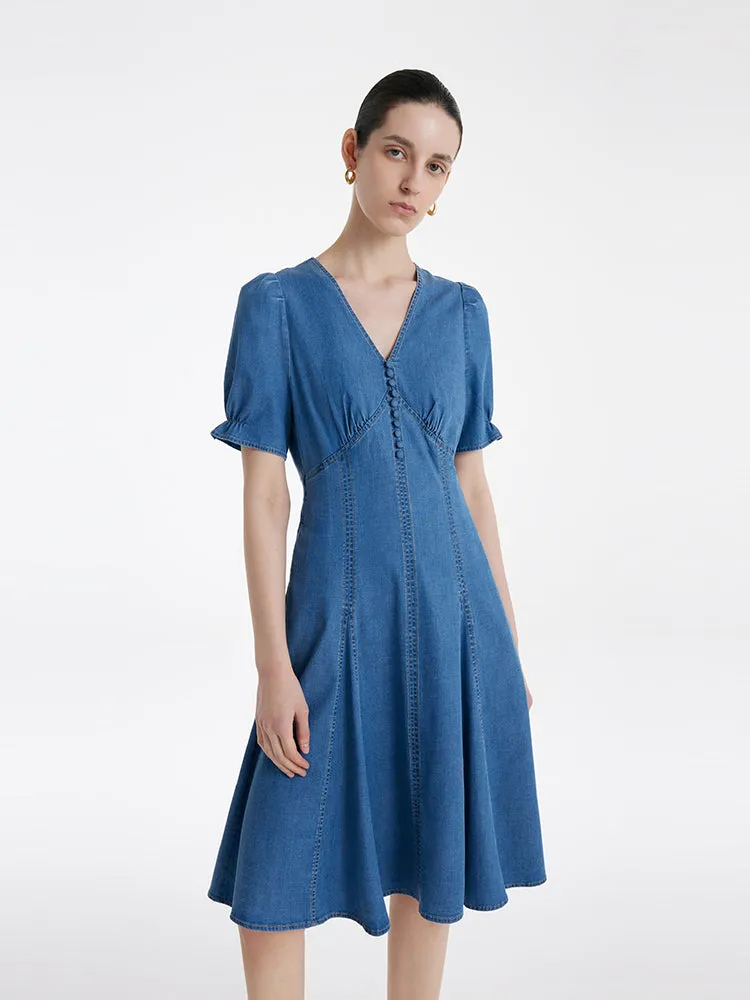 Denim V-Neck Gathered Waist Women Midi Dress Bazaar Lane Copper Glow