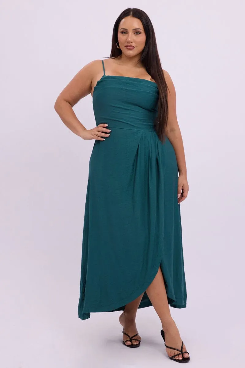 Earth Smell Sophisticated Design Green Midi Dress Sleeveless Wrap Front