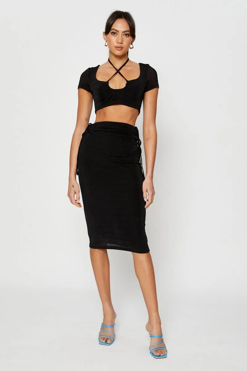 Adjustable Waistband Weekend Vibes Black Midi Skirt Ruched