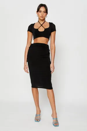 Adjustable Waistband Weekend Vibes Black Midi Skirt Ruched