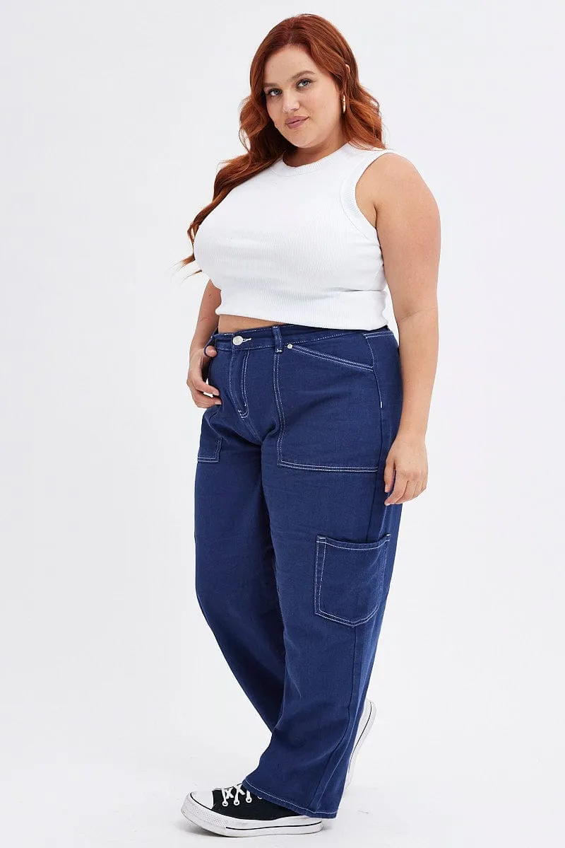 Stretch Enhanced Mobility Subtle design Blue Cargo Jeans Out Pocket
