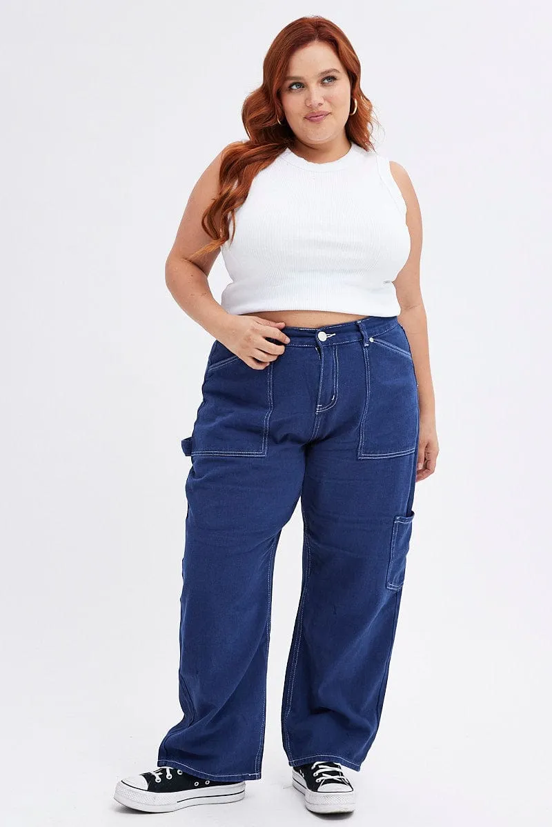 Smart Casual Classic Wear Colorfast Denim Blue Cargo Jeans Out Pocket