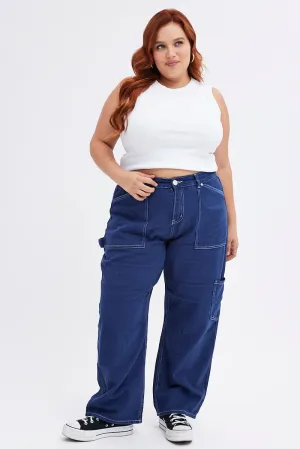 Smart Casual Classic Wear Colorfast Denim Blue Cargo Jeans Out Pocket