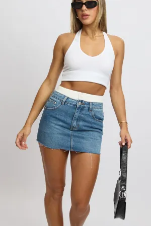 Denim Mini Skirt High Rise Underwear Waist Detail Opaque Lining