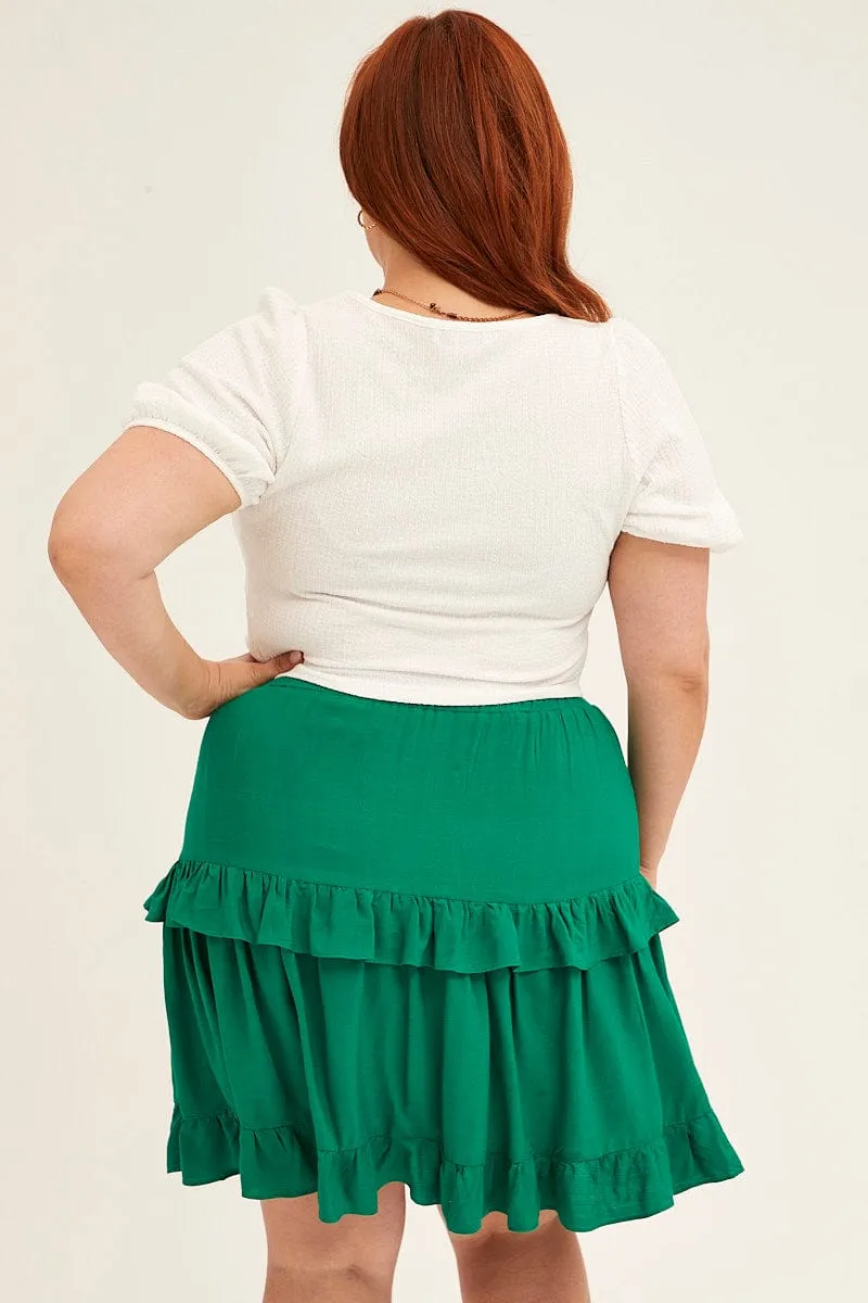 Creative Fashion Wardrobe Classic Green Mini Skirt Elastic Waist Frill Detail