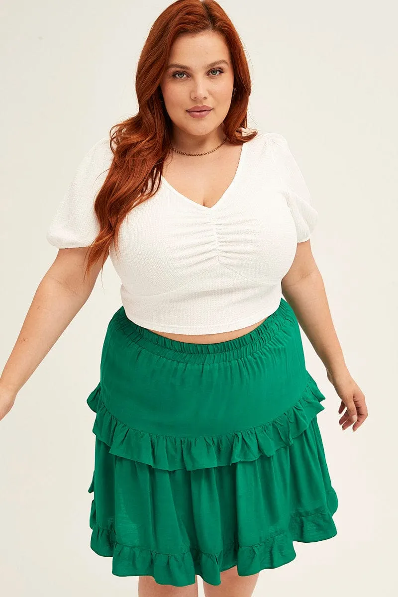 Green Mini Skirt Elastic Waist Frill Detail Secure Closure