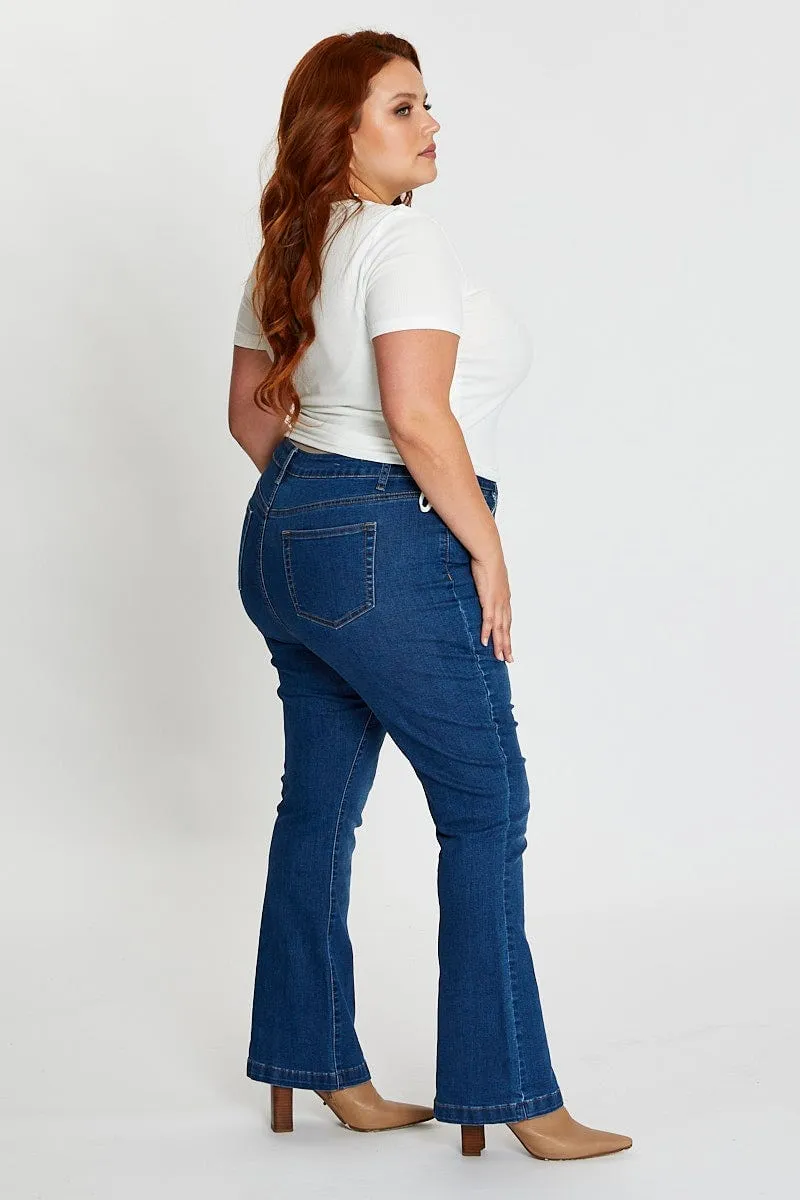 Mid Blue High Rise Flare Denim Jeans Plain style Natural Fit