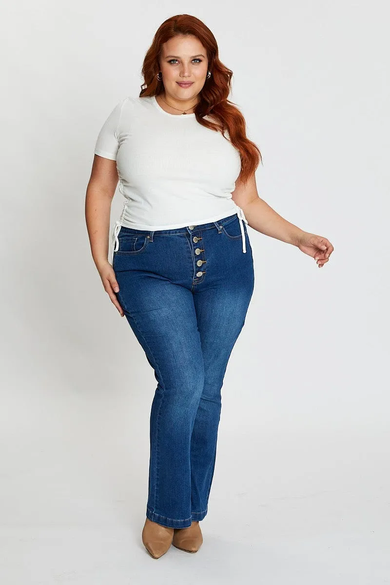 Mid Blue High Rise Flare Denim Jeans No Hassle Fit Street Vibe