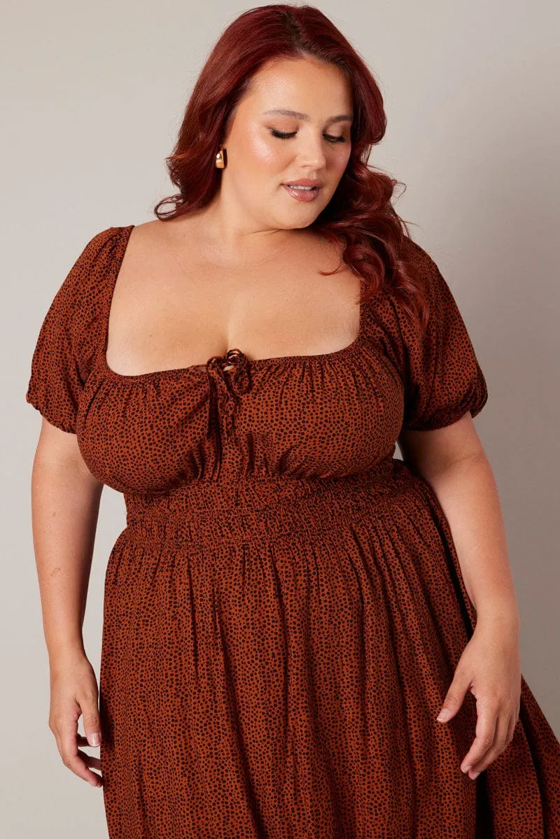 Brown Geo Midi Dress Short Sleeve Ruched Bust Lightweight fabric midi Sophisticated mid-calf gown