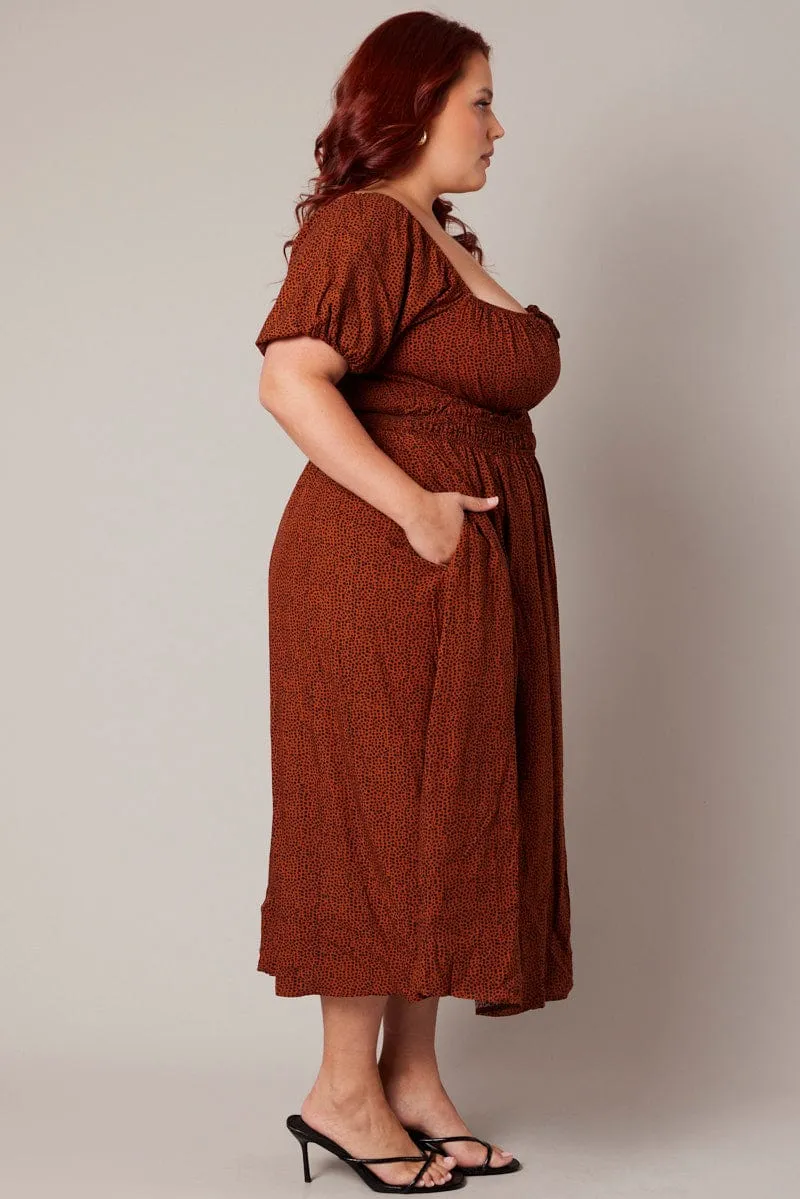 Style Versatile Classic outdoor midi Brown Geo Midi Dress Short Sleeve Ruched Bust