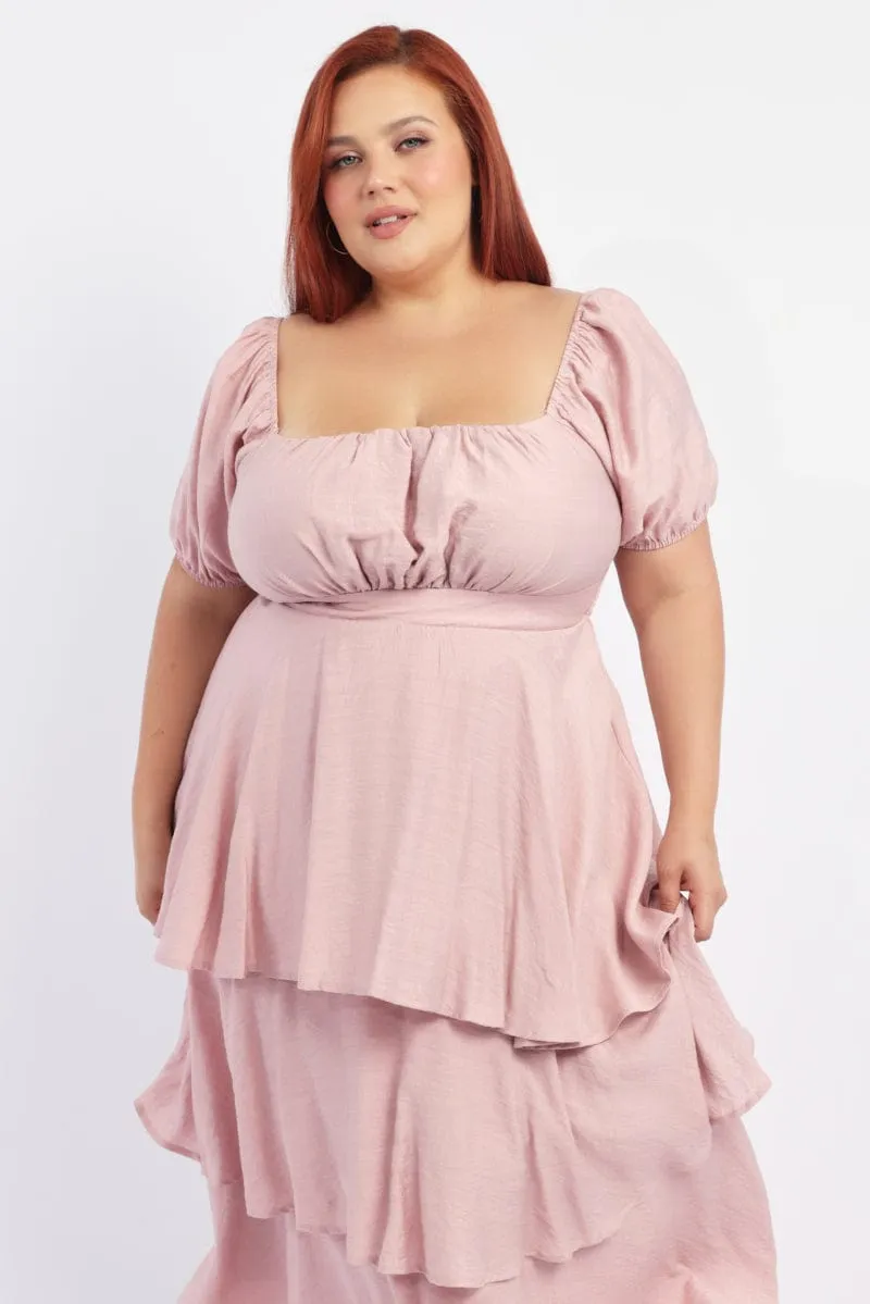Flight Hall Pink Layered Maxi Dress Short Sleeve