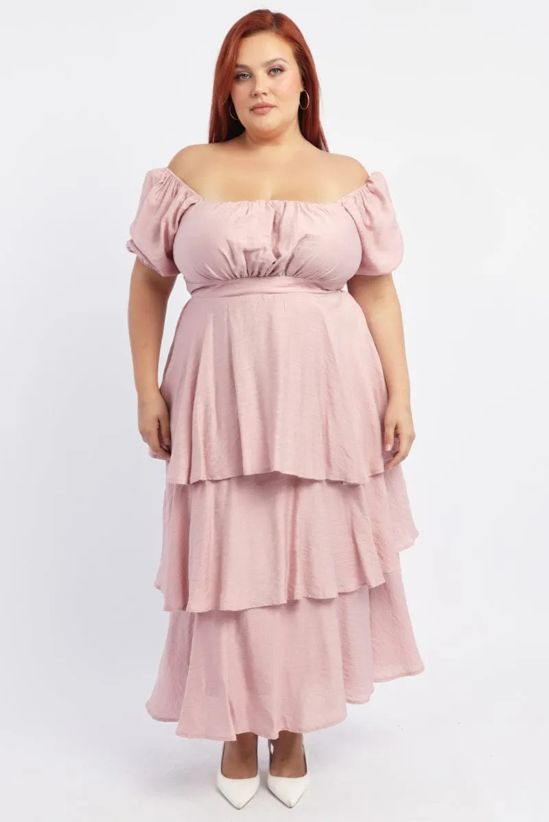 Pink Layered Maxi Dress Short Sleeve Sophisticated Wear City Walk