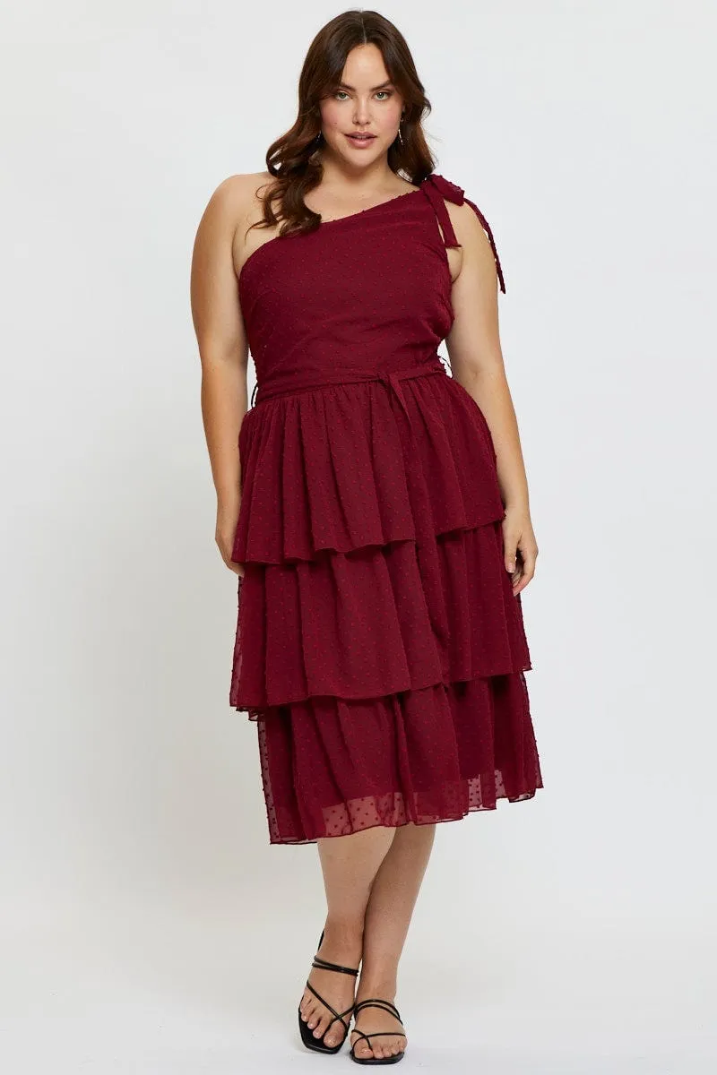 Vibrant Style Red Midi Dress One Shoulder Sleeveless