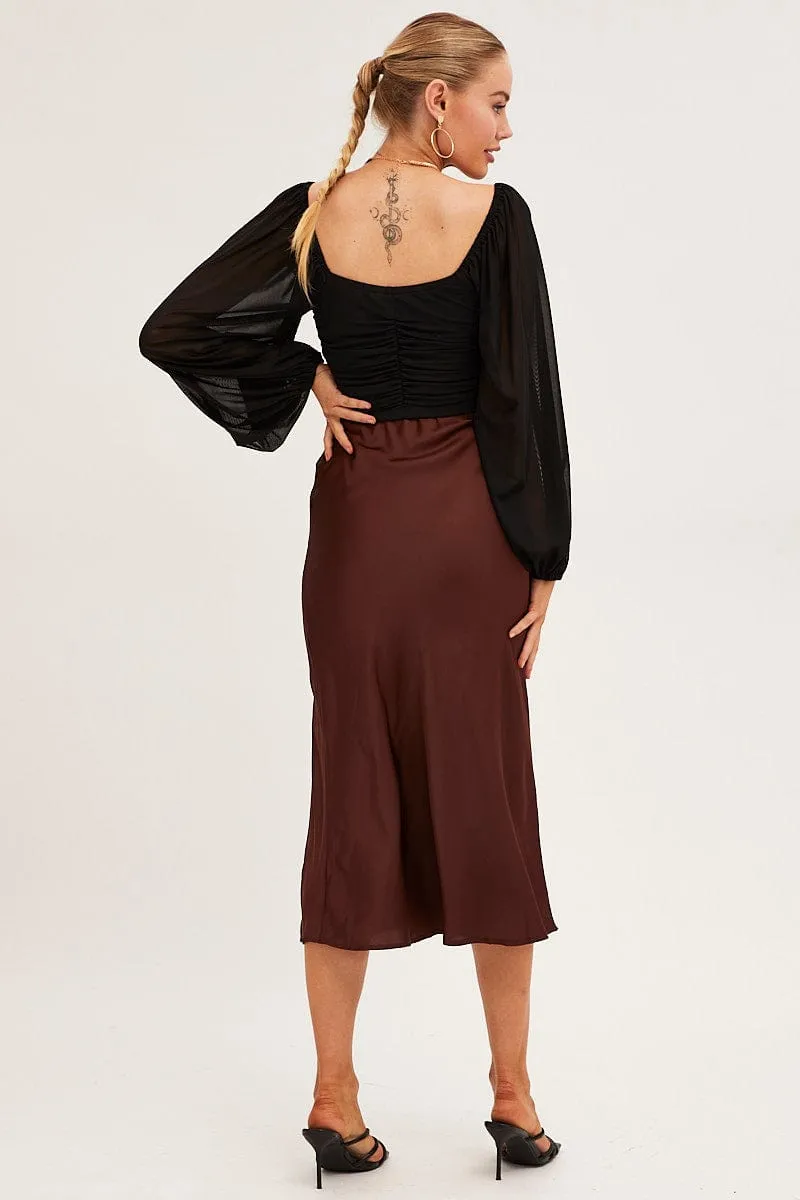 Refined Sophistication Brown Slip Skirt Midi Front Split Satin