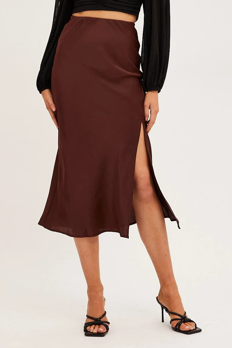 Brown Slip Skirt Midi Front Split Satin Senior Style Mix Texture
