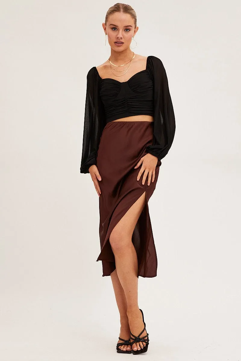 Brown Slip Skirt Midi Front Split Satin Clean Finish