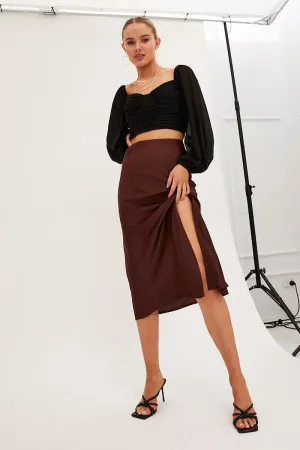 Brown Slip Skirt Midi Front Split Satin Soft Palette