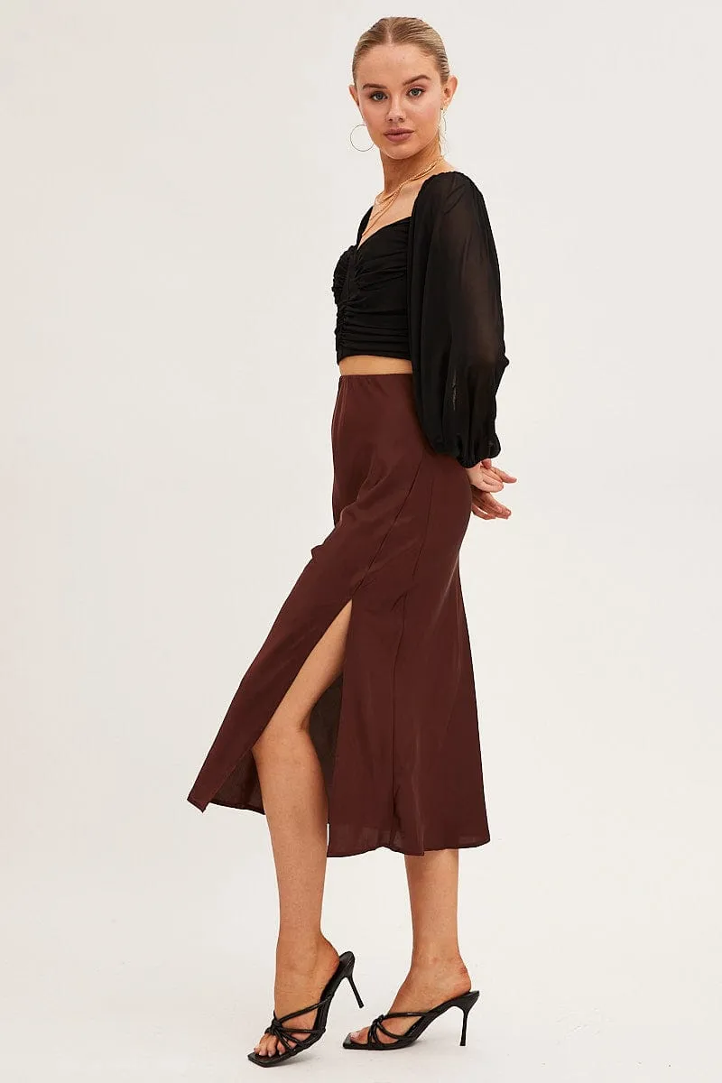 Fashion Tones Comfy Fit Brown Slip Skirt Midi Front Split Satin