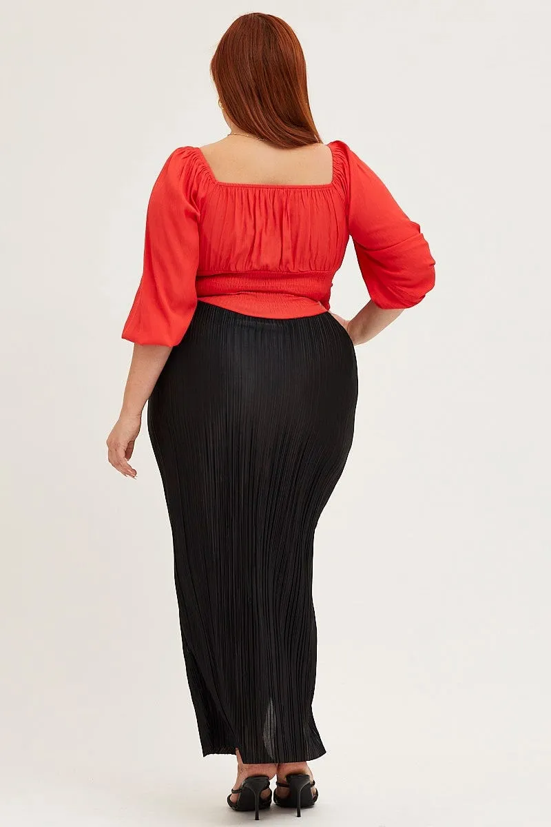 Casual Edge Black Plisse Split Midi Skirt