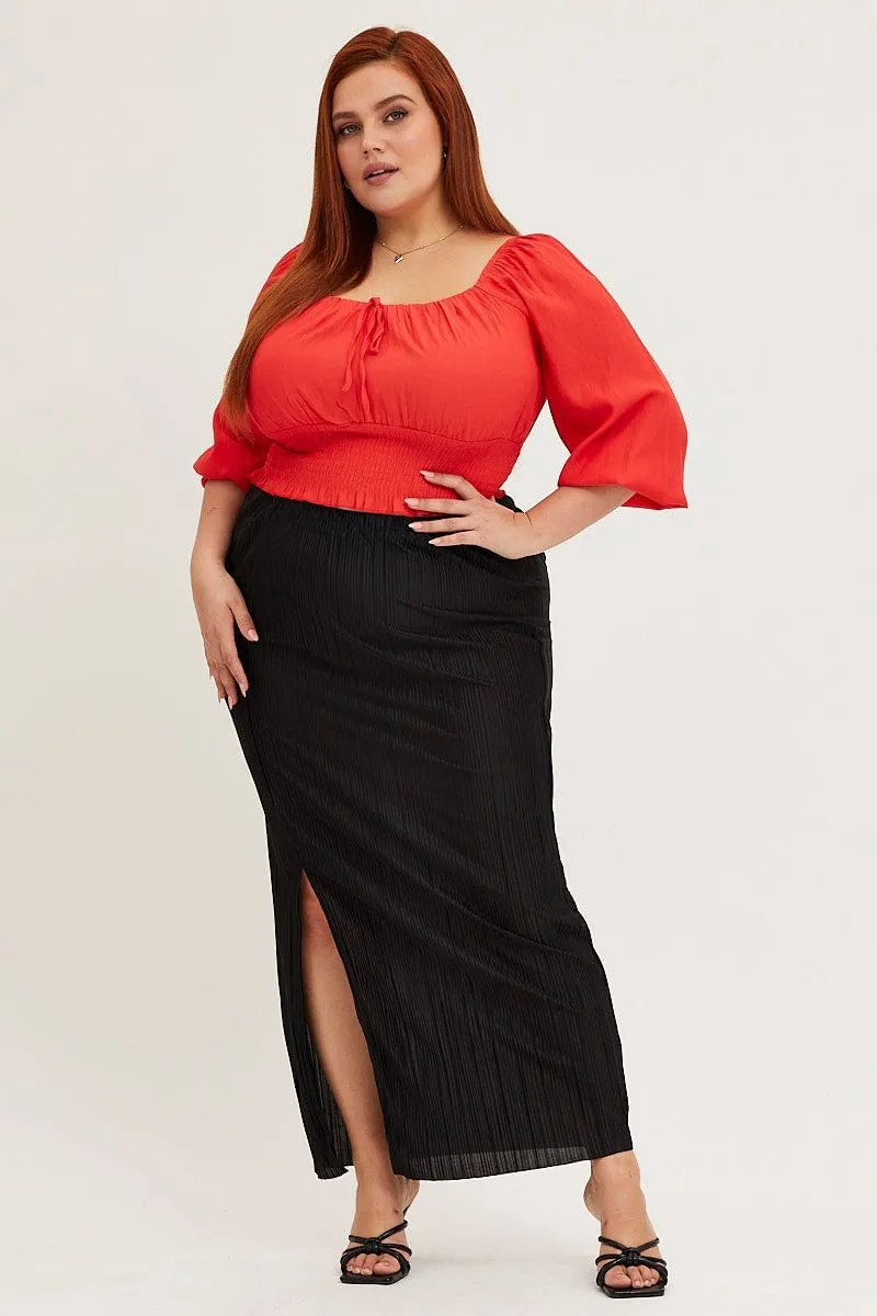 Black Plisse Split Midi Skirt perforated design