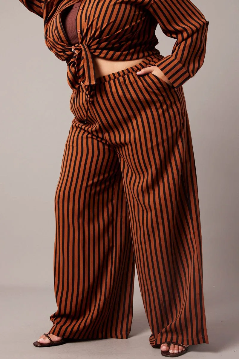 AntiSlipGrip Brown Stripe Wide Leg Pants High Rise