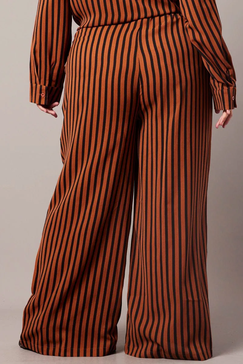 Brown Stripe Wide Leg Pants High Rise Layer Comfort Soft Touch Material