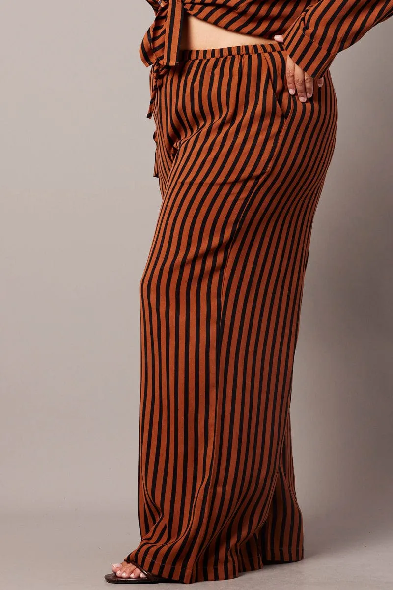 Soft Material Brown Stripe Wide Leg Pants High Rise