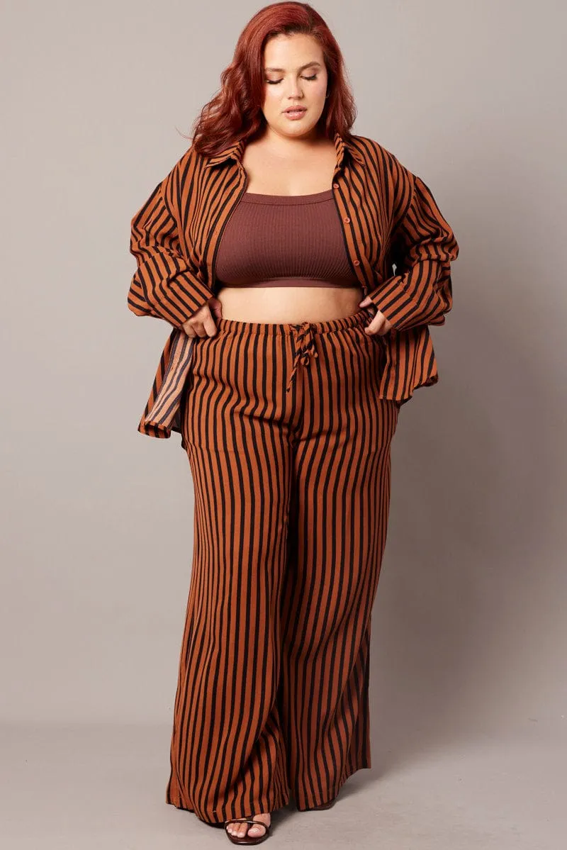 Active Comfort Wear Brown Stripe Wide Leg Pants High Rise