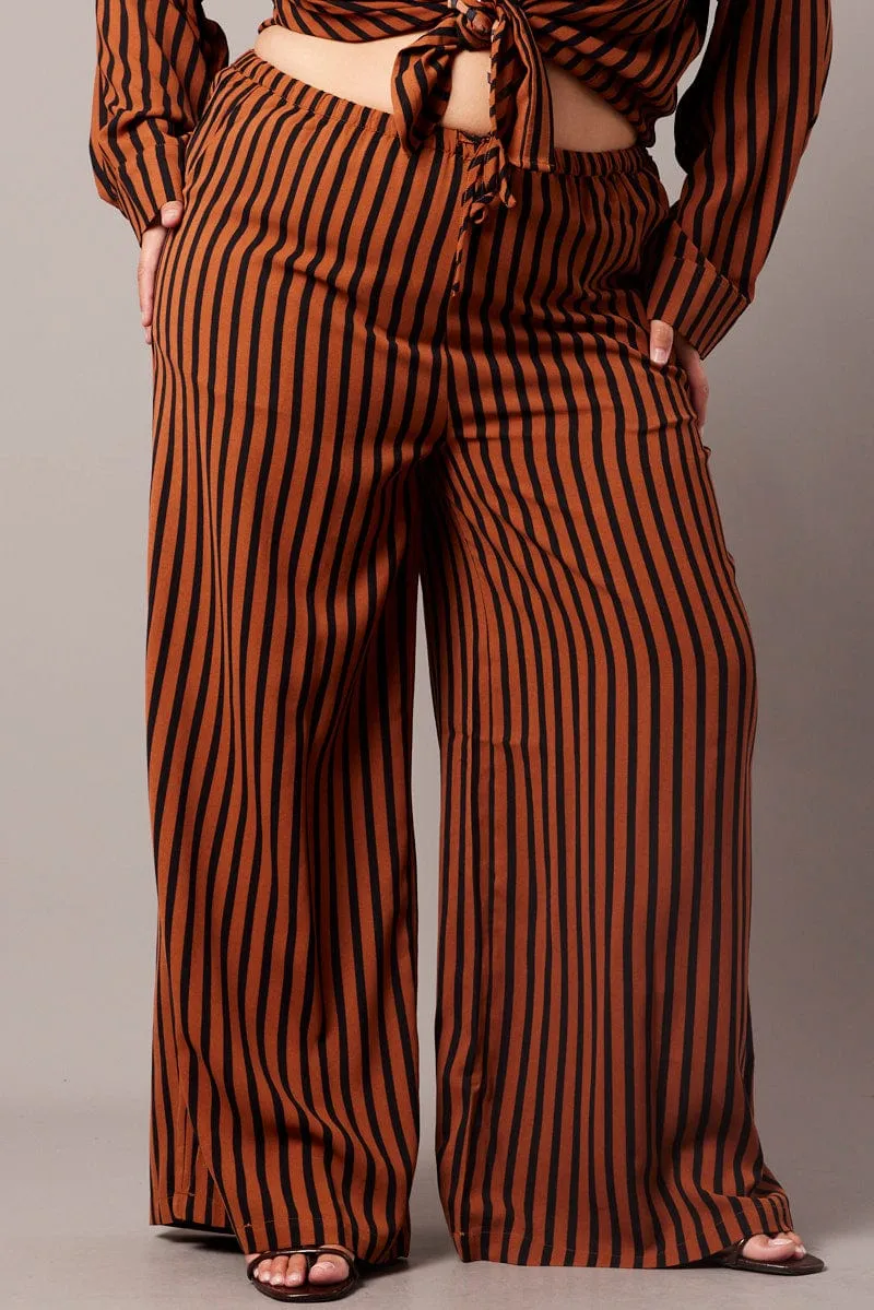 Brown Stripe Wide Leg Pants High Rise Windproof Membrane NonSlipInnerGrip