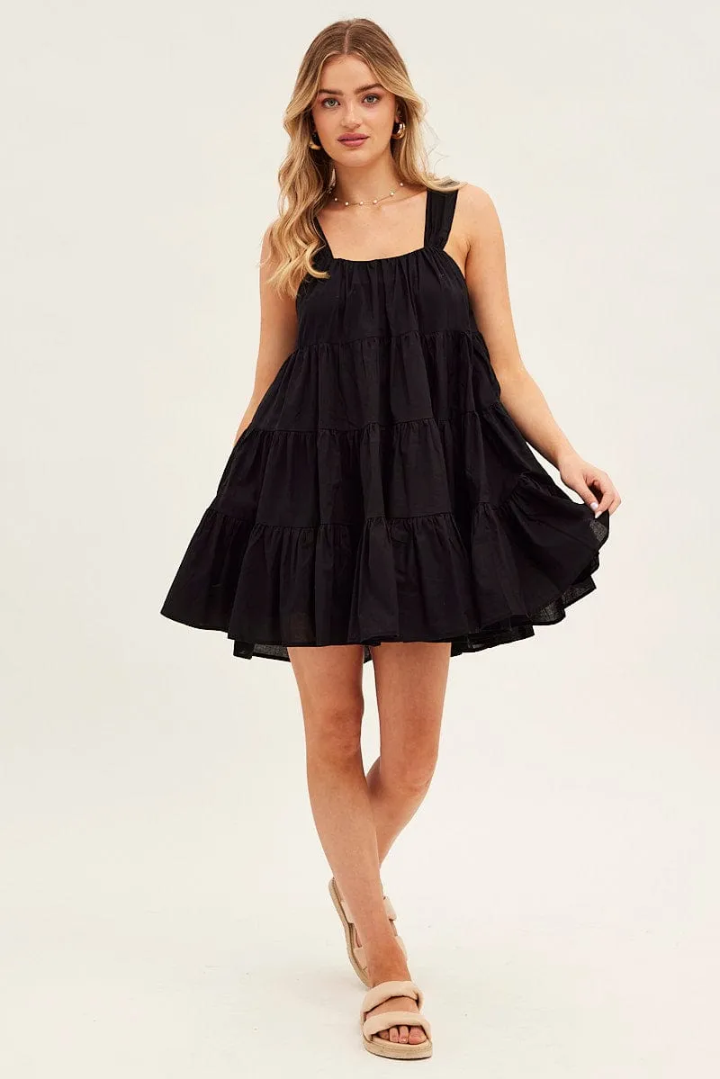 Dressy Cool Black Mini Dress Round Neck Tiered Smock