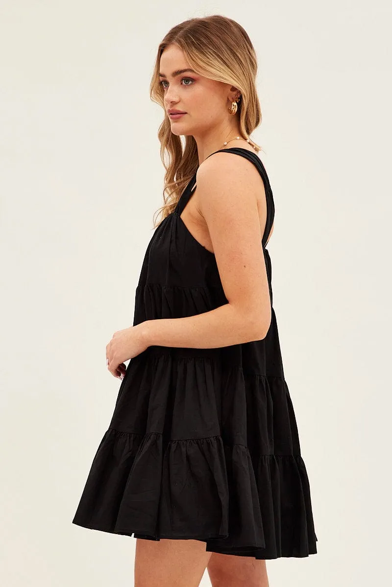 Quick Glam High Thread Count Cotton Black Mini Dress Round Neck Tiered Smock