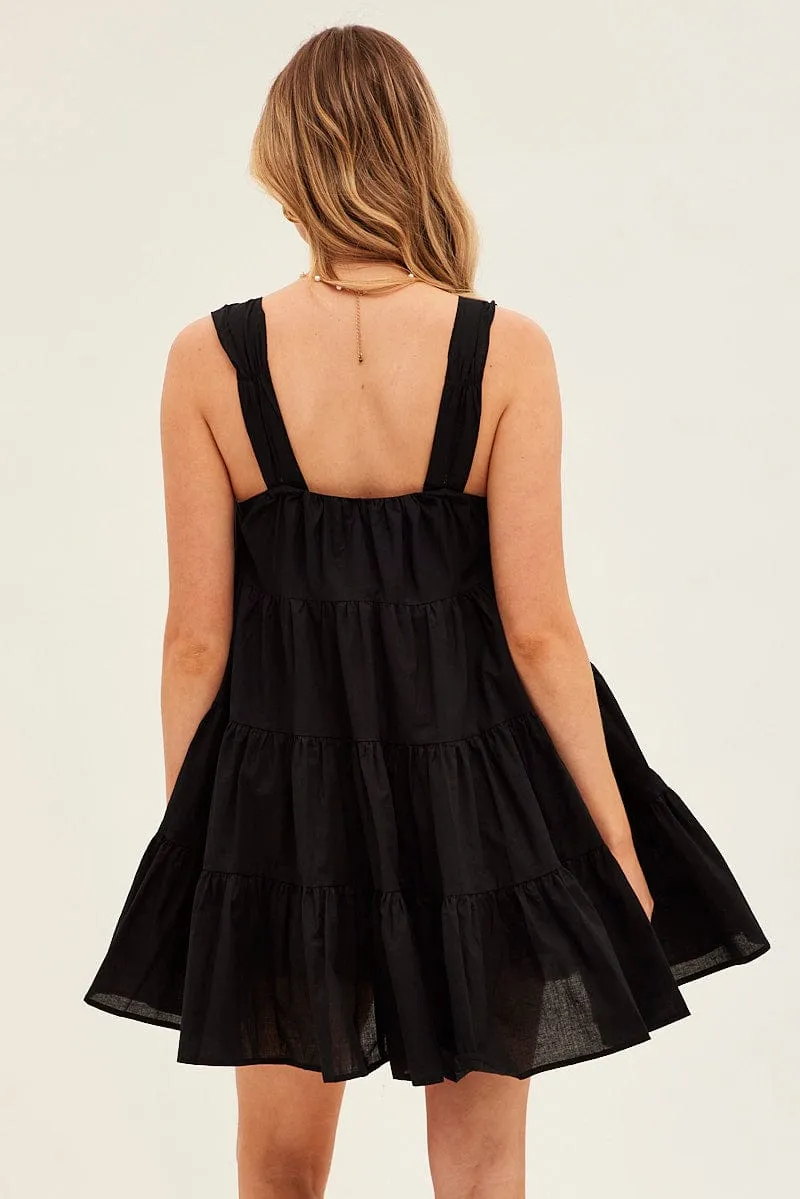 Day To Night Black Mini Dress Round Neck Tiered Smock