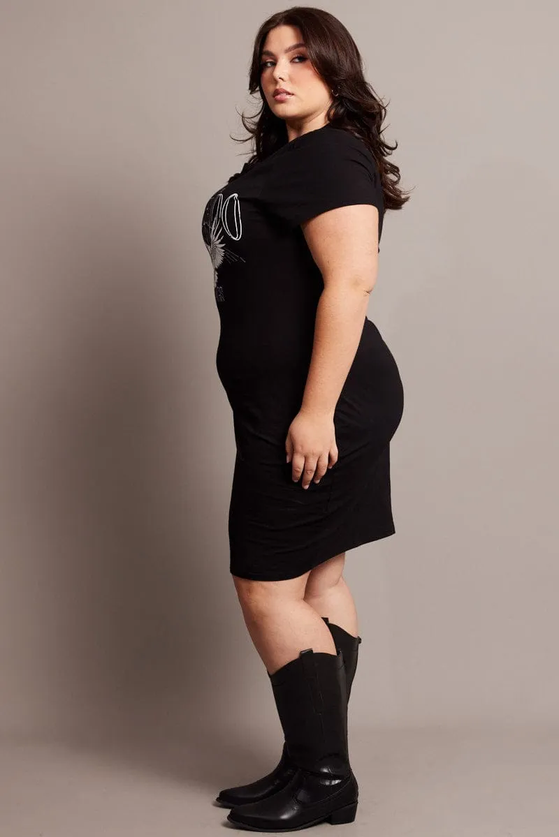 Chic Fit Cozy Vibe Wear Black Graphic Dress Short Sleeve Crew Neck