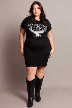 Black Graphic Dress Short Sleeve Crew Neck Odor Resistant Treatment