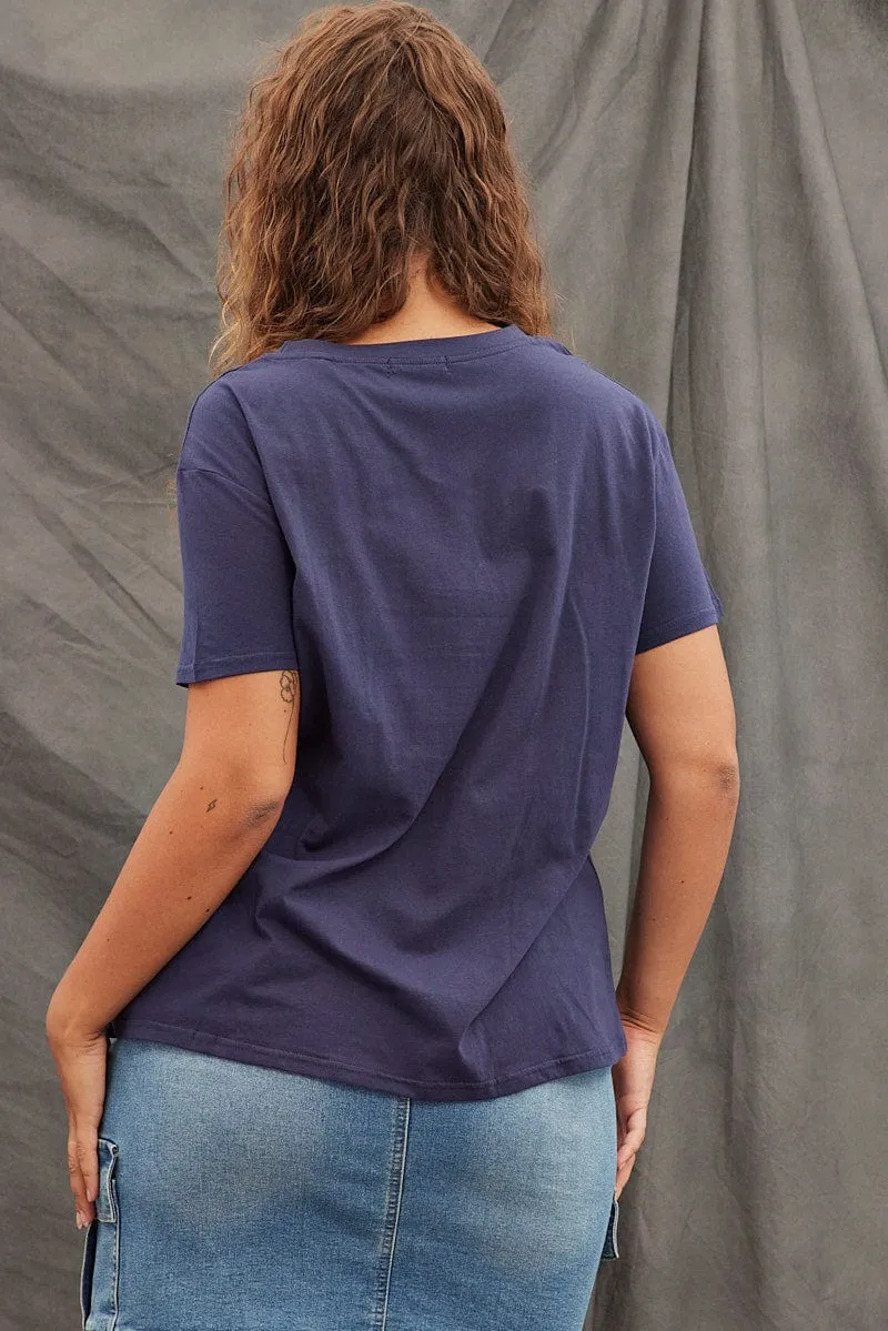 Blue Graphic T-shirt 88 Crop Cotton Jersey V neck Classic Comfort Style