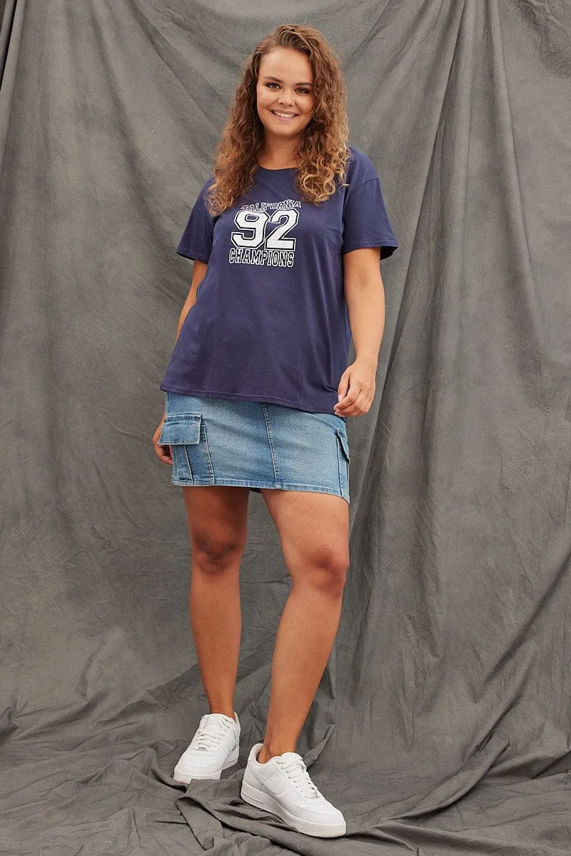 Holiday Casual Microfiber Blend Blue Graphic T-shirt 88 Crop Cotton Jersey