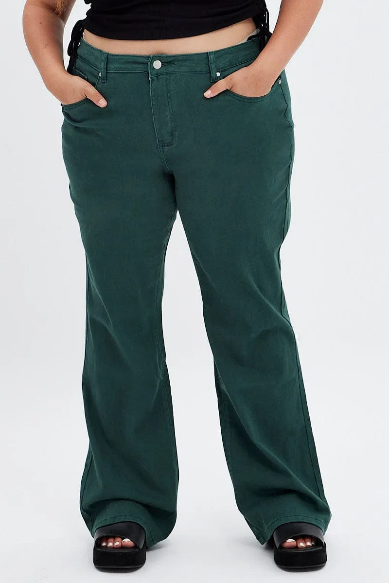 Weekend Style Modern Green Flare Denim Jeans High Rise