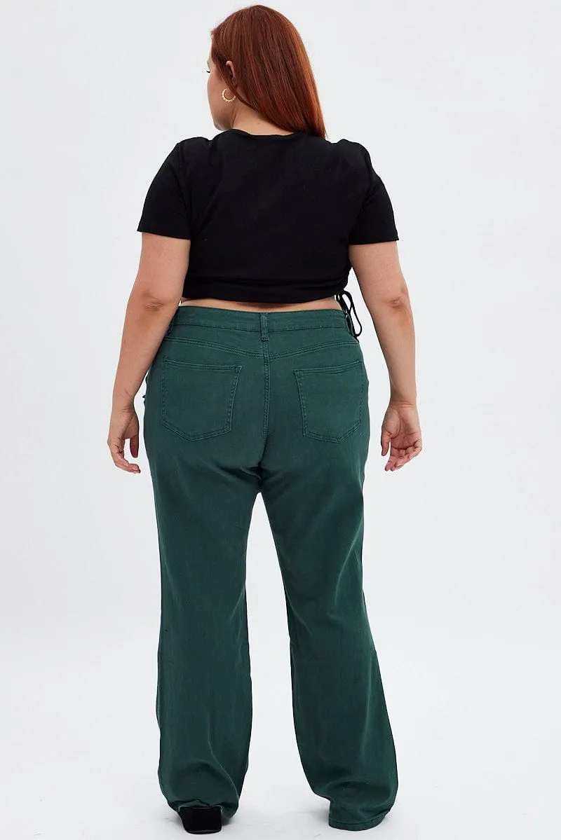 Natural Style Green Flare Denim Jeans High Rise