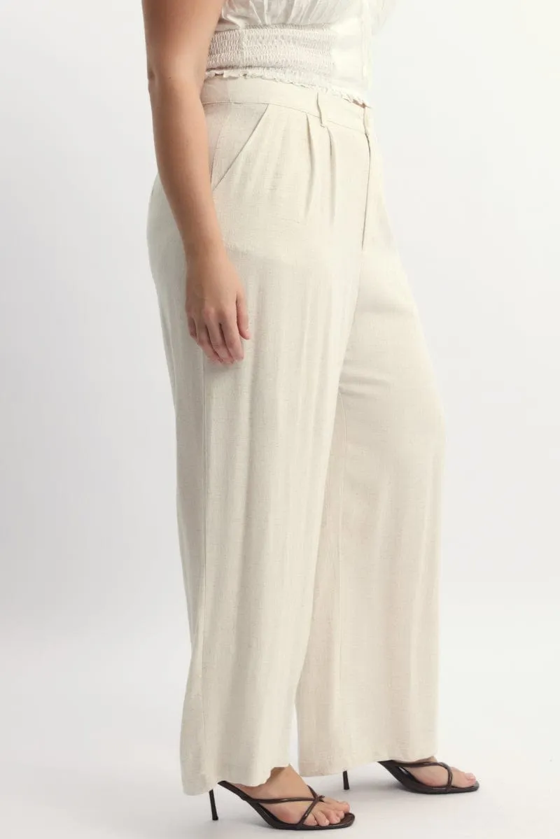 Beige Linen Blend Tailored Wide Leg Pants Functional Comfort Wear Move Freely