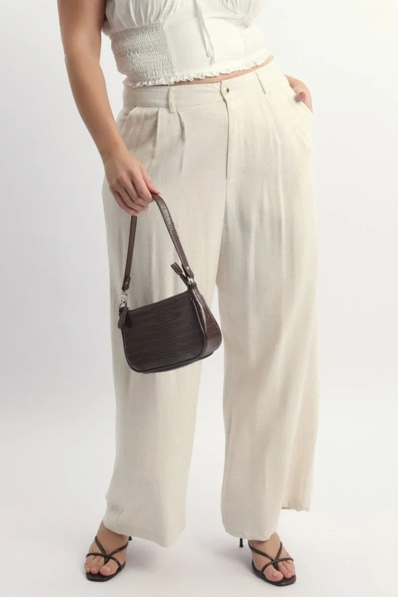 Beige Linen Blend Tailored Wide Leg Pants Work Comfort