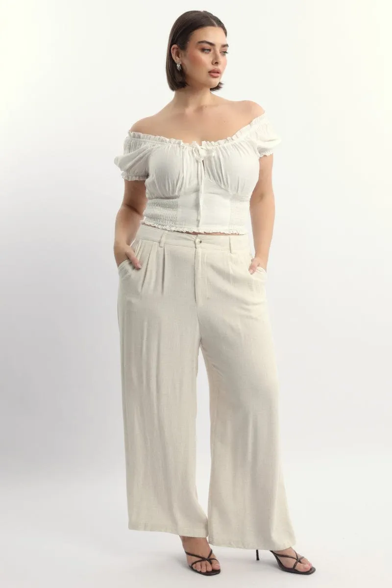 Beige Linen Blend Tailored Wide Leg Pants All Season Versatility Stylish Waistband