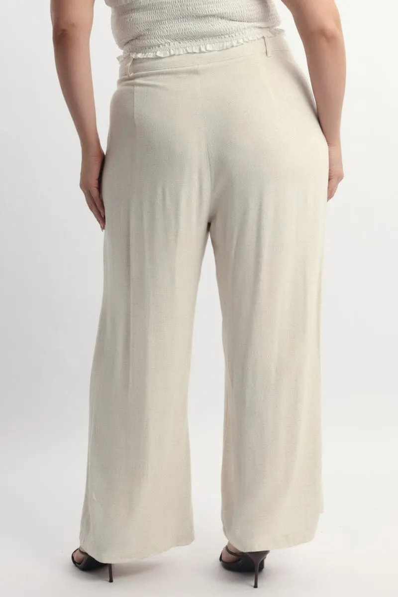 Beige Linen Blend Tailored Wide Leg Pants Weekend Wear Daywear