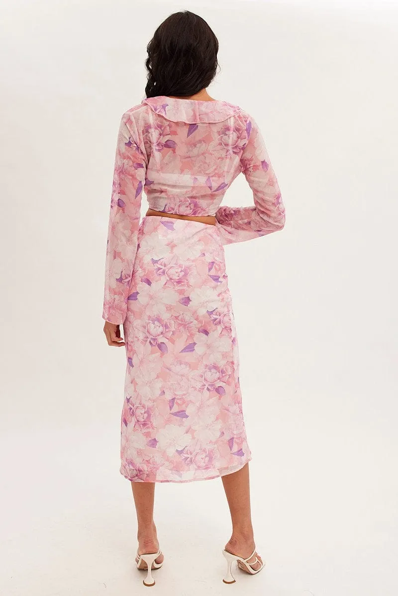 Pink Floral Midi Skirt Floral Printed Chiffon Contemporary Brand